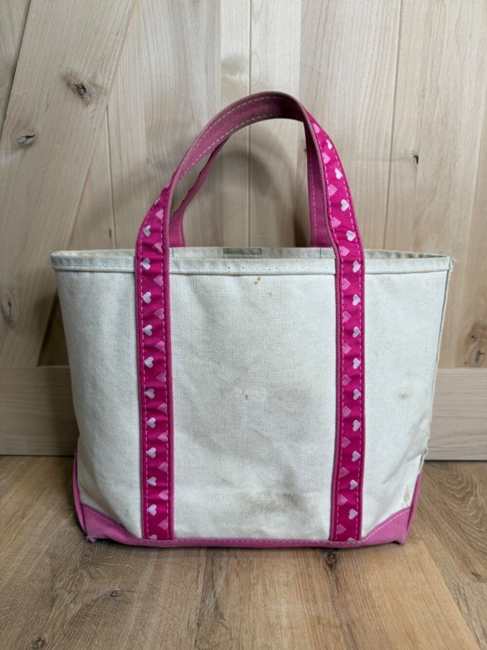 Vintage 90s L.L. Bean Boat and Tote Bag Pink Heart Print Heavy Canvas Medium USA